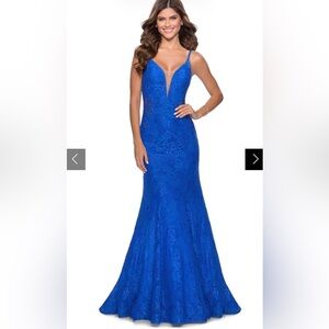 NWT LA FEMME- 28355 Plunging V-Neck Trumpet Gown Prom Electric Blue Size 14